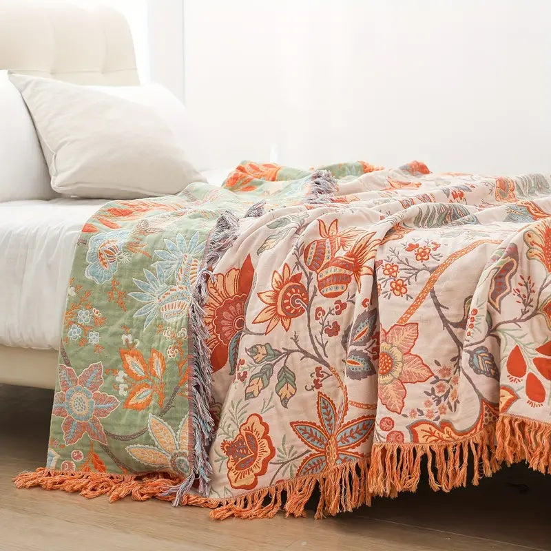 Couverture en Coton Boho avec Imprimé Floral | Élégante Décoration pour Confort Douillet 0