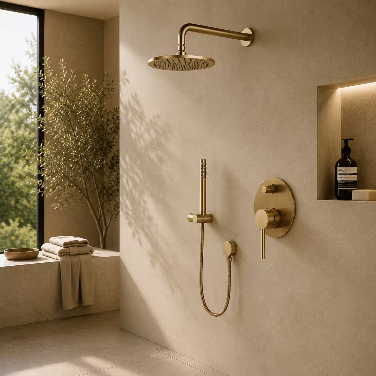 Colone de douche encastrée doréedans une salle de bain design