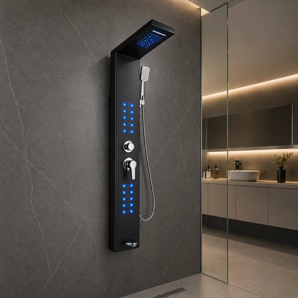Colonne de douche hydromassante noir mat dans une salle de bain design