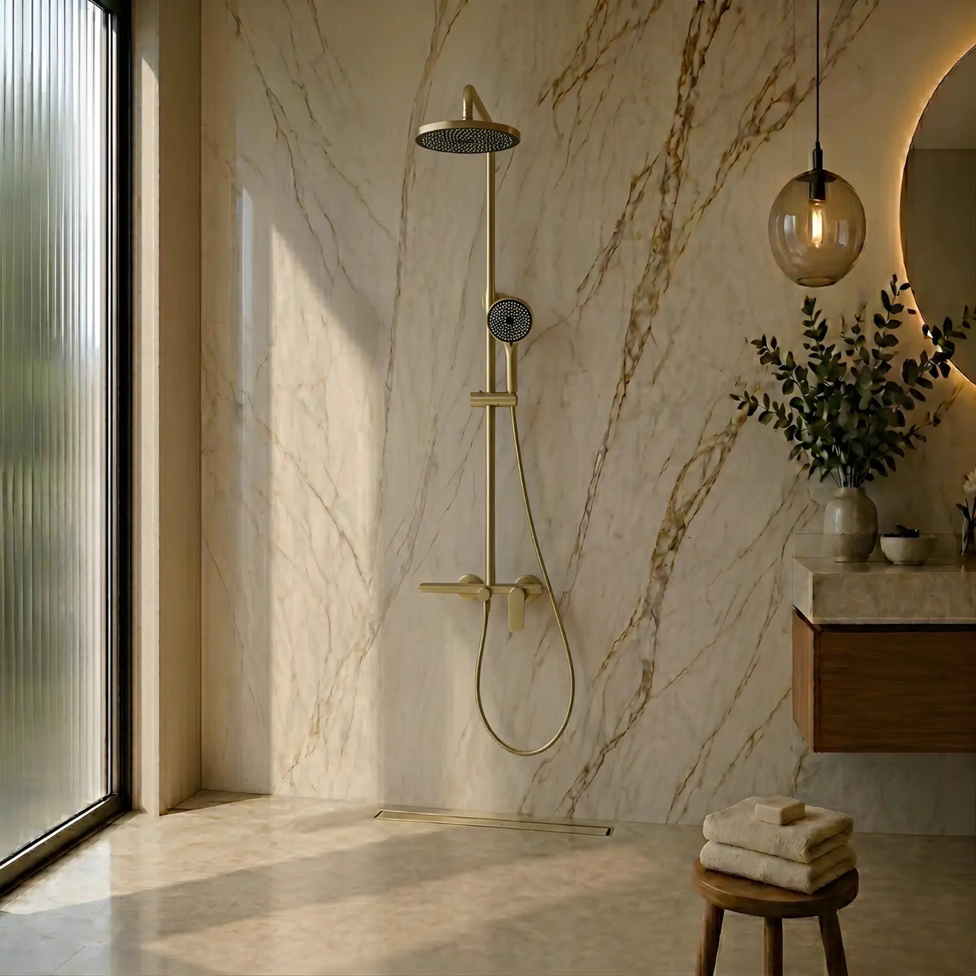 Colonne de douche thermostatique or brossé dans une salle de bain design