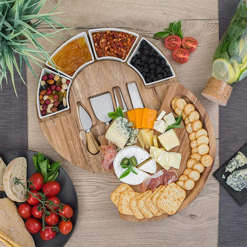 Plateau à Fromages Rond en Bois d'Acacia avec Bols et Couteaux