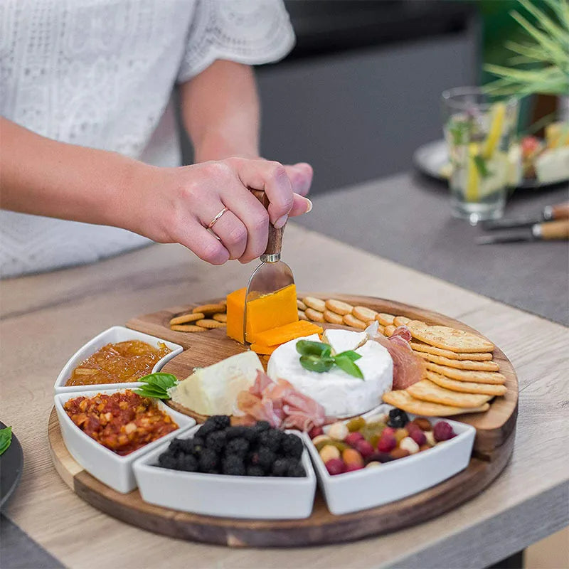 Plateau à Fromages Rond en Bois d'Acacia avec Bols et Couteaux