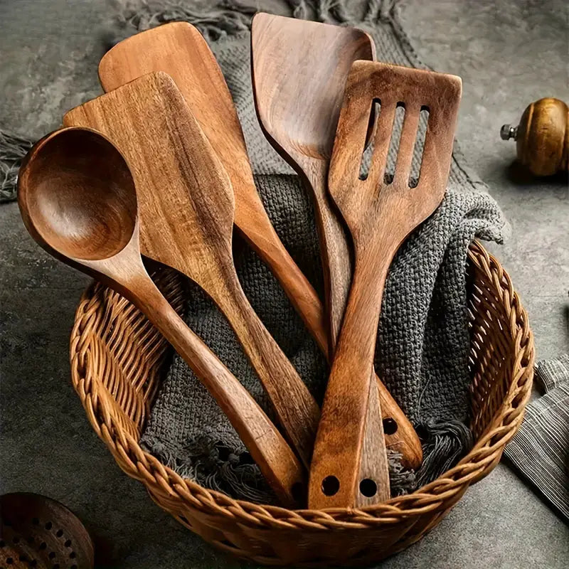 Set d'Ustensiles de Cuisine en Bois de Teck Naturel