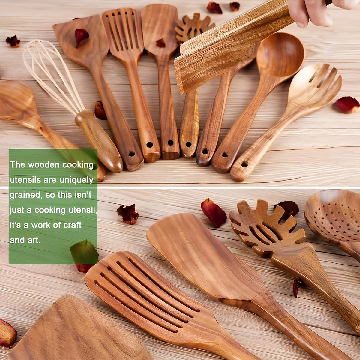Set d'Ustensiles de Cuisine en Bois de Teck – 11 Pièces avec Support