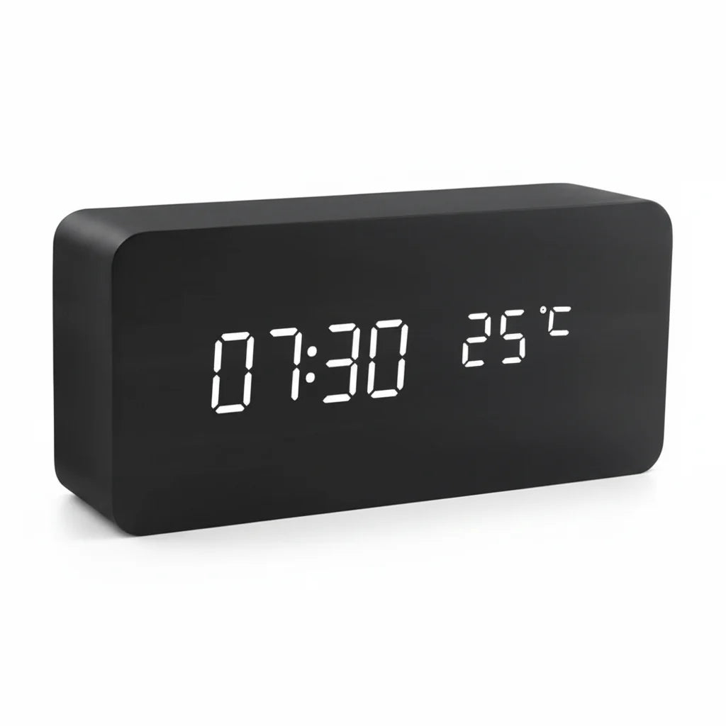 Réveil LED Effet Bois avec Température et Triple Alarme