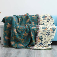 Couverture Réversible en Coton avec Motif Oiseaux | Élégance Scandinave pour Confort Douillet