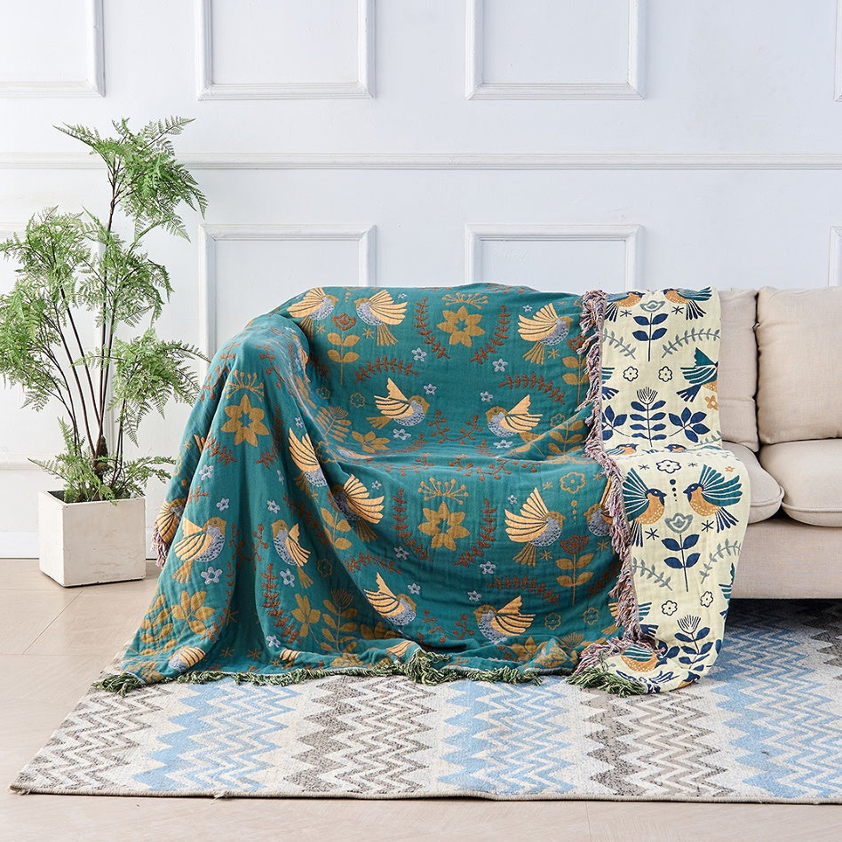 Couverture Réversible en Coton avec Motif Oiseaux | Élégance Scandinave pour Confort Douillet 1