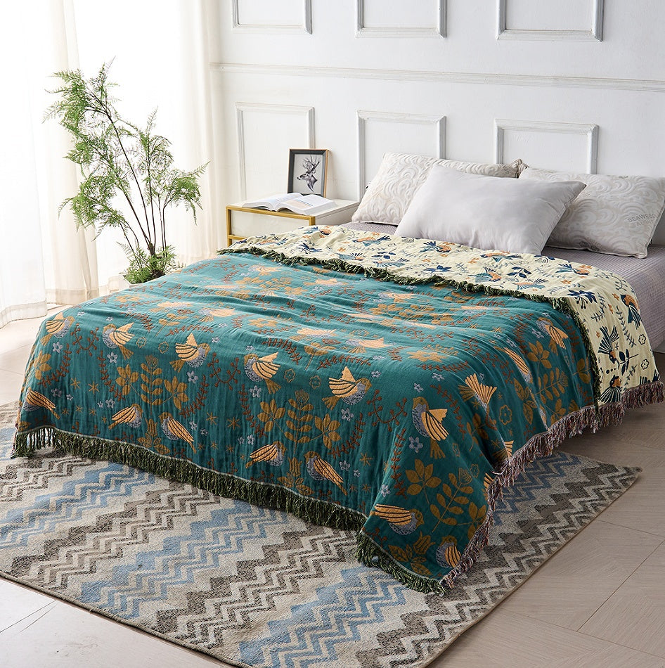 Couverture Réversible en Coton avec Motif Oiseaux | Élégance Scandinave pour Confort Douillet 2