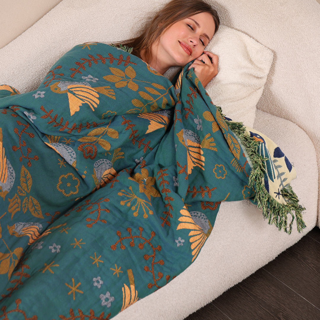 Couverture Réversible en Coton avec Motif Oiseaux | Élégance Scandinave pour Confort Douillet 4