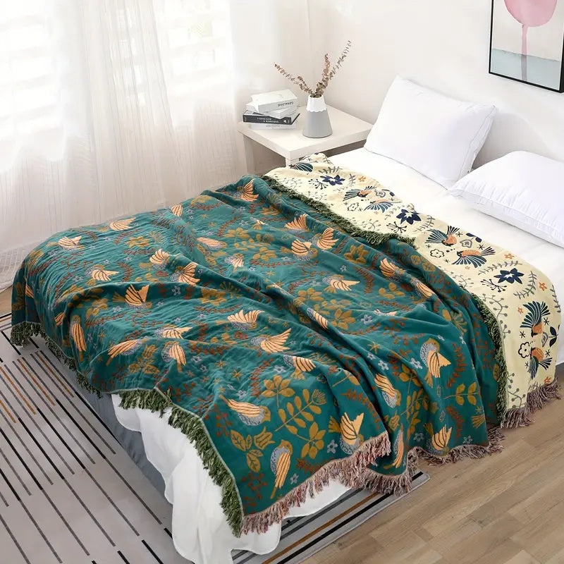 Couverture Réversible en Coton avec Motif Oiseaux | Élégance Scandinave pour Confort Douillet 5