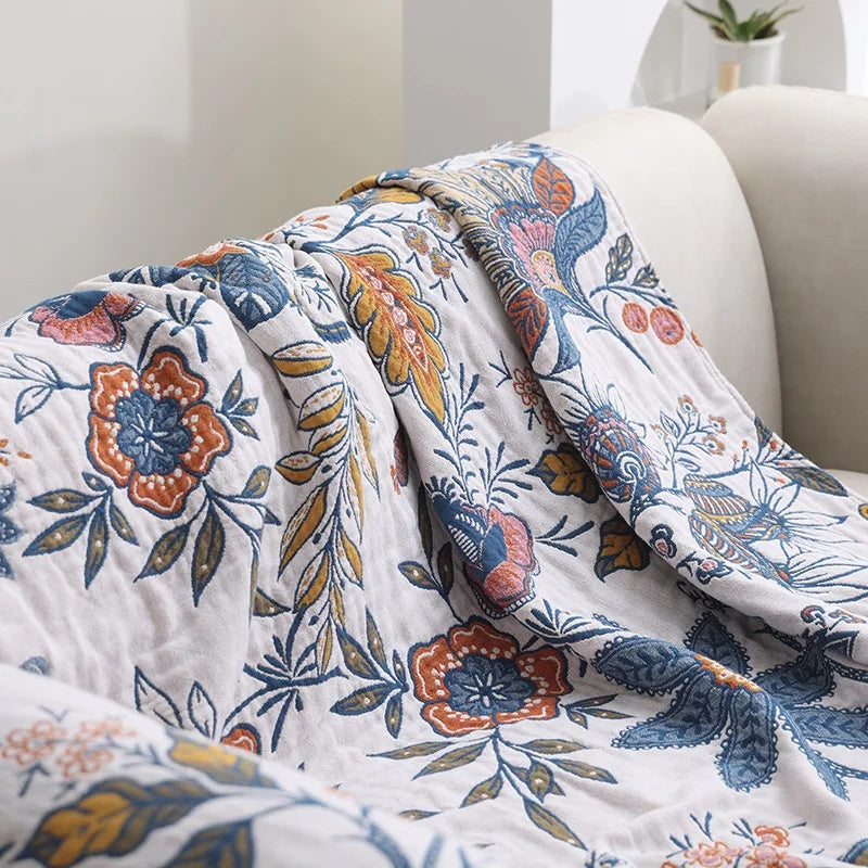 Couverture en Coton Floral Réversible avec Pompons | Élégance et Confort pour Votre Intérieur 1