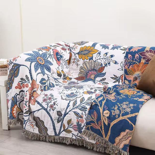 Couverture en Coton Floral Réversible avec Pompons | Élégance et Confort pour Votre Intérieur 2