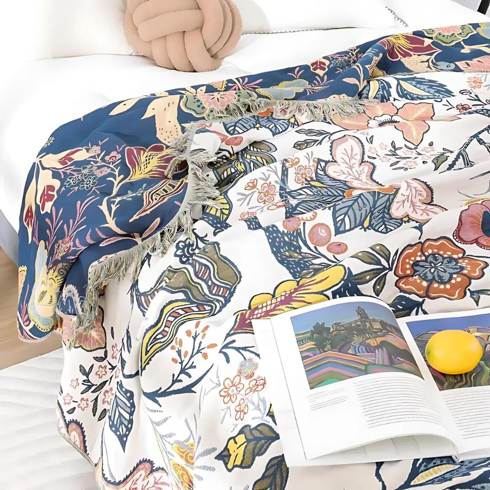 Couverture en Coton Floral Réversible avec Pompons | Élégance et Confort pour Votre Intérieur 5