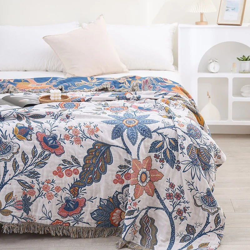 Couverture en Coton Floral Réversible avec Pompons | Élégance et Confort pour Votre Intérieur 7
