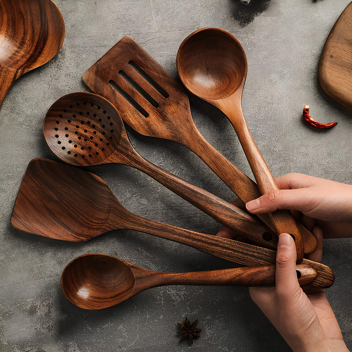 Set d'Ustensiles de Cuisine en Bois de Teck – 5 Pièces