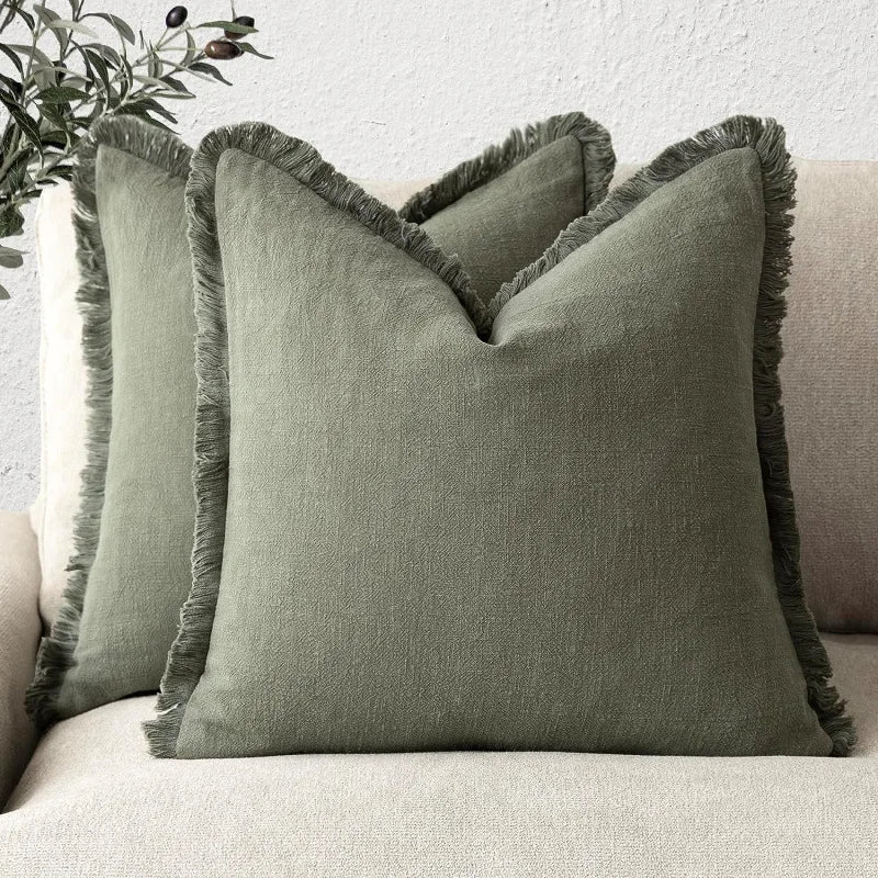 Housse de Coussin en Coton et Lin avec Franges – Lot de 2