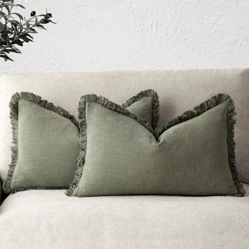 Housse de Coussin en Coton et Lin avec Franges – Lot de 2