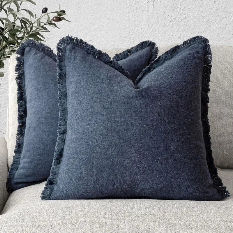 Housse de Coussin en Coton et Lin avec Franges – Lot de 2