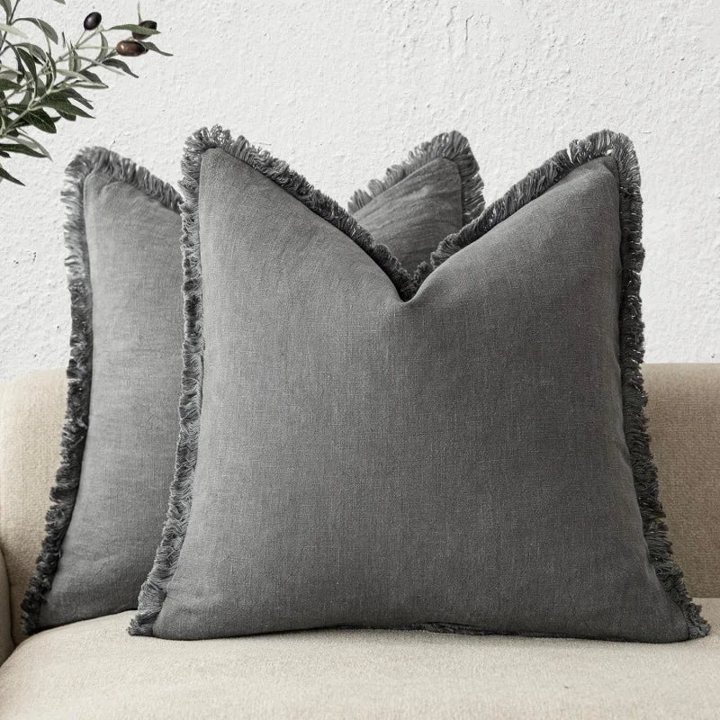Housse de Coussin en Coton et Lin avec Franges – Lot de 2