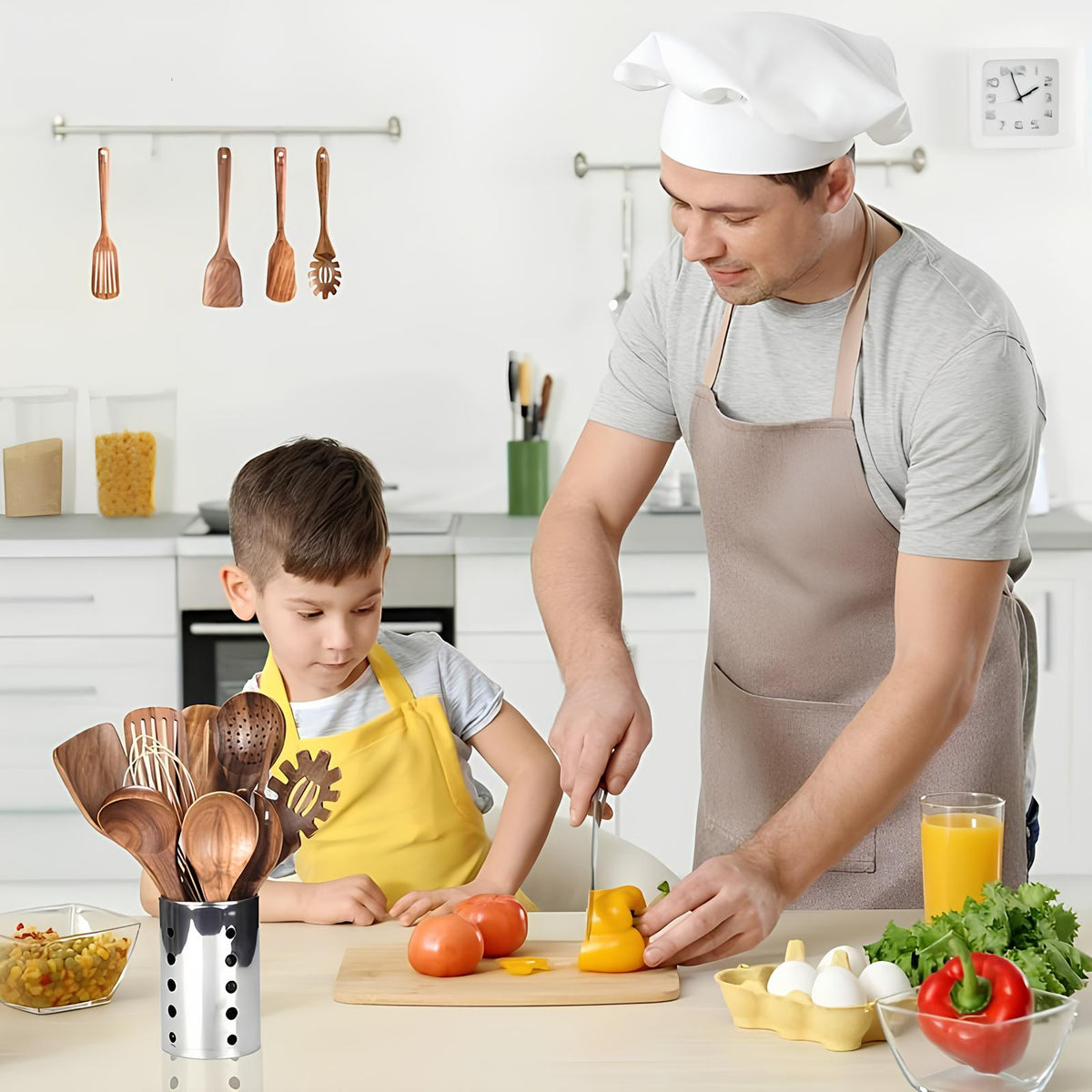 Set d'Ustensiles de Cuisine en Bois de Teck – 11 Pièces avec Support