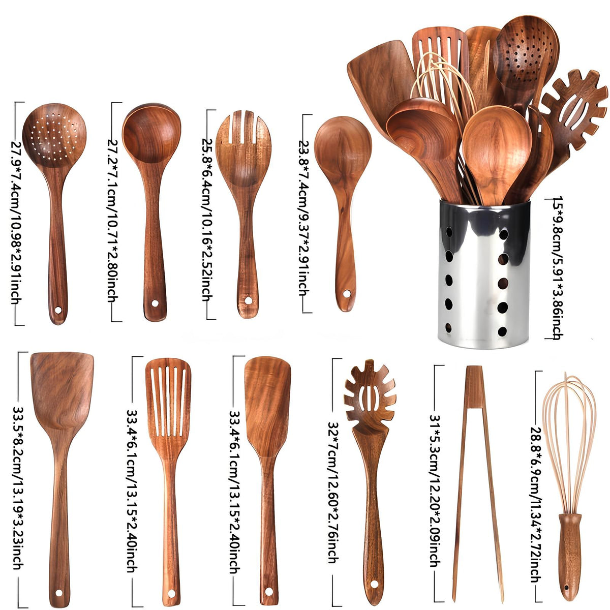 Set d'Ustensiles de Cuisine en Bois de Teck – 11 Pièces avec Support