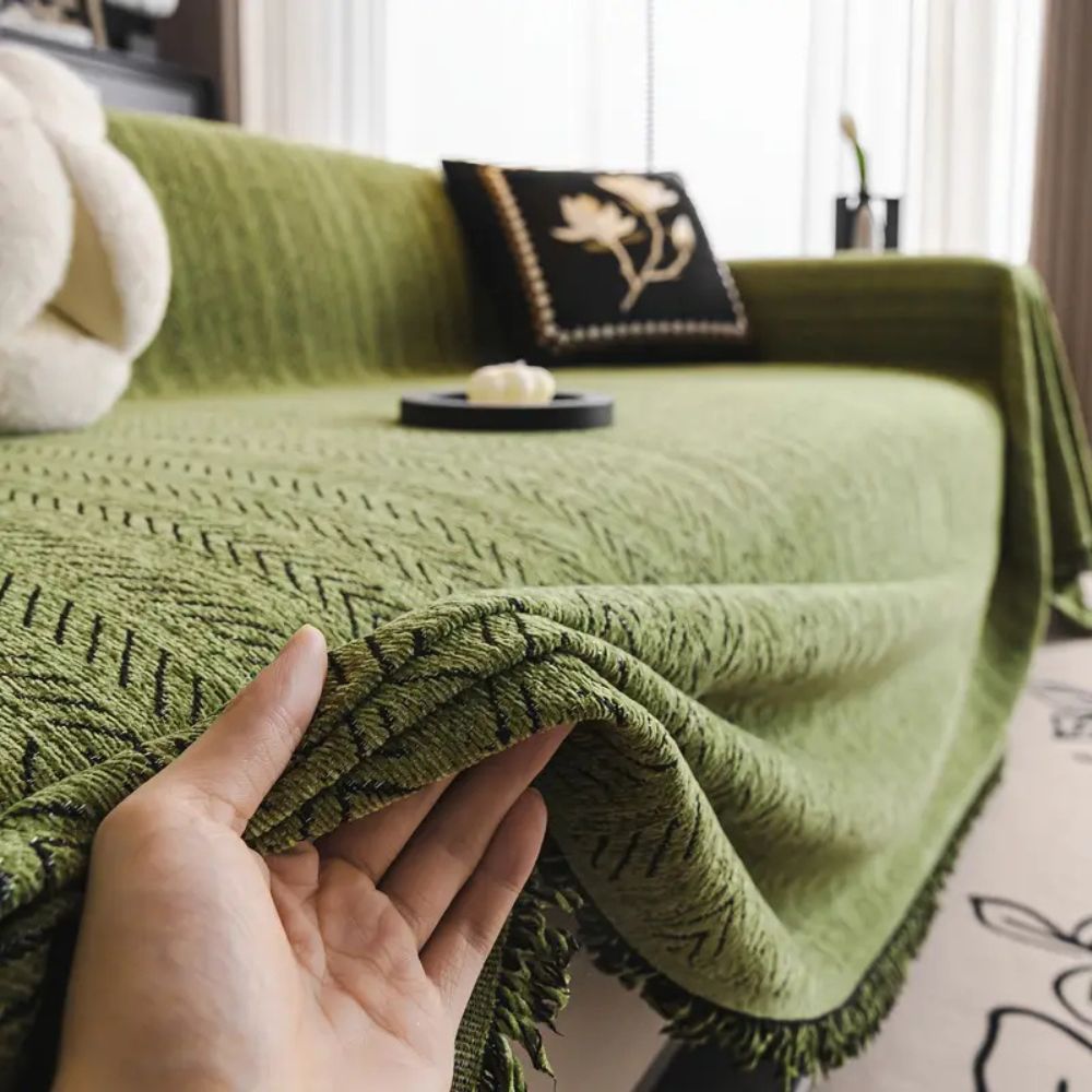 Housse de Canapé en Chenille avec Détails à Pompons | Protection Antidérapante pour Canapés Élégants 4