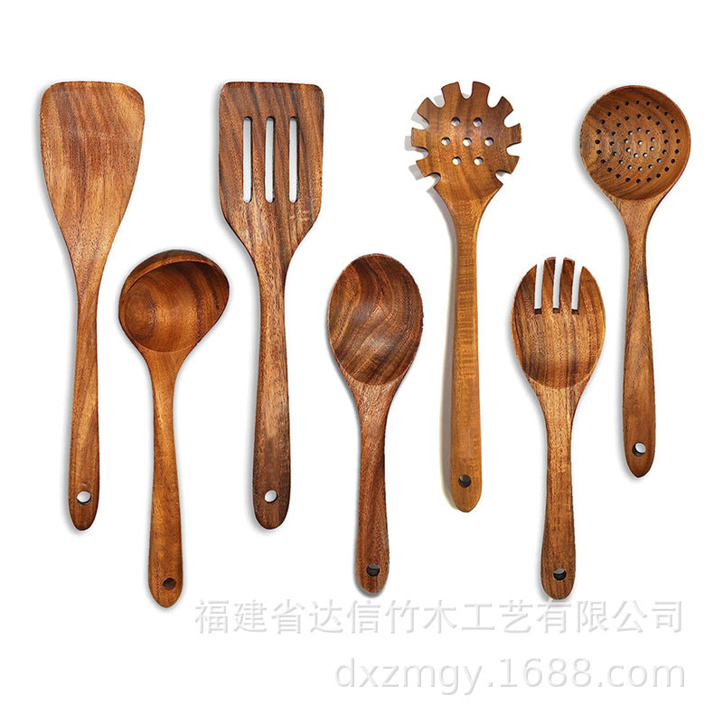 Set d'Ustensiles de Cuisine en Bois de Teck Naturel
