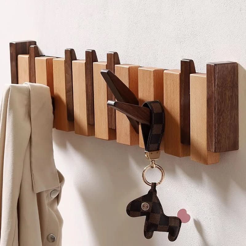 Porte-Manteau Mural en Bois avec Crochets Rabattables
