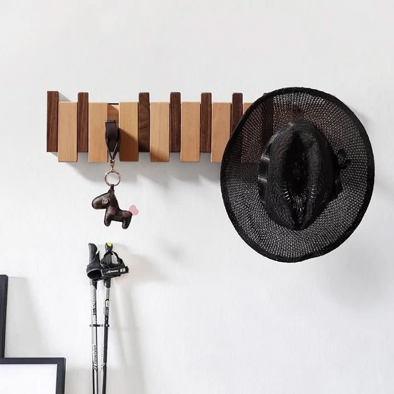 Porte-Manteau Mural en Bois avec Crochets Rabattables