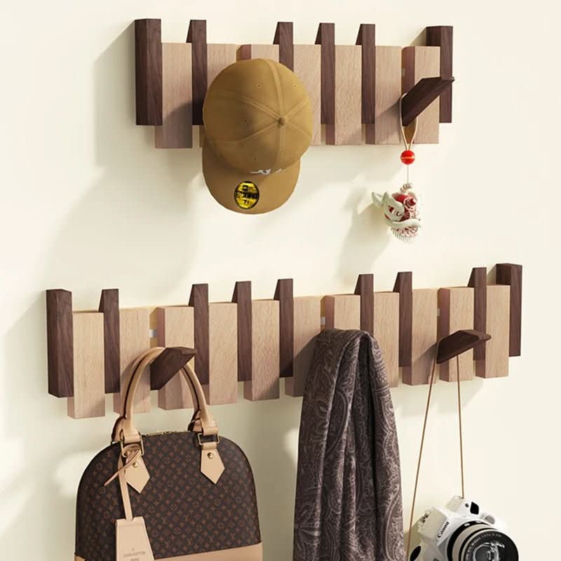Porte-Manteau Mural en Bois avec Crochets Rabattables