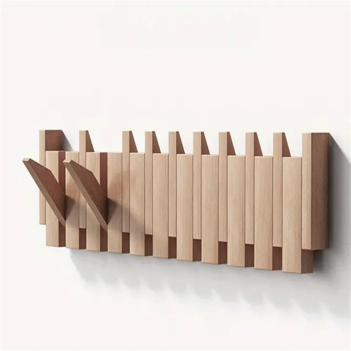 Porte-Manteau Mural en Bois avec Crochets Rabattables