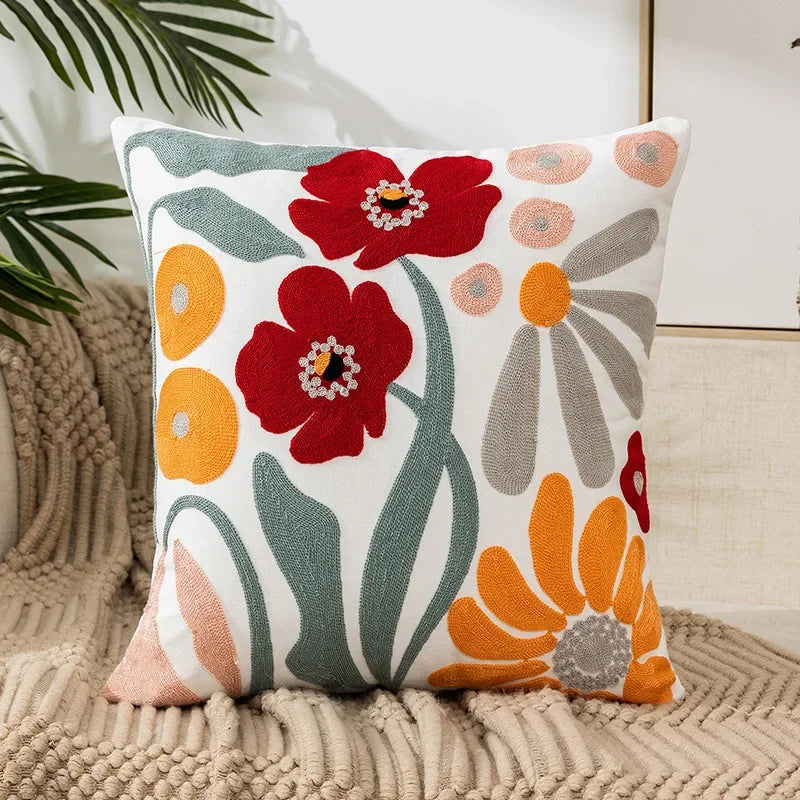 Housse de Coussin Brodée Motif Floral 45 × 45 cm