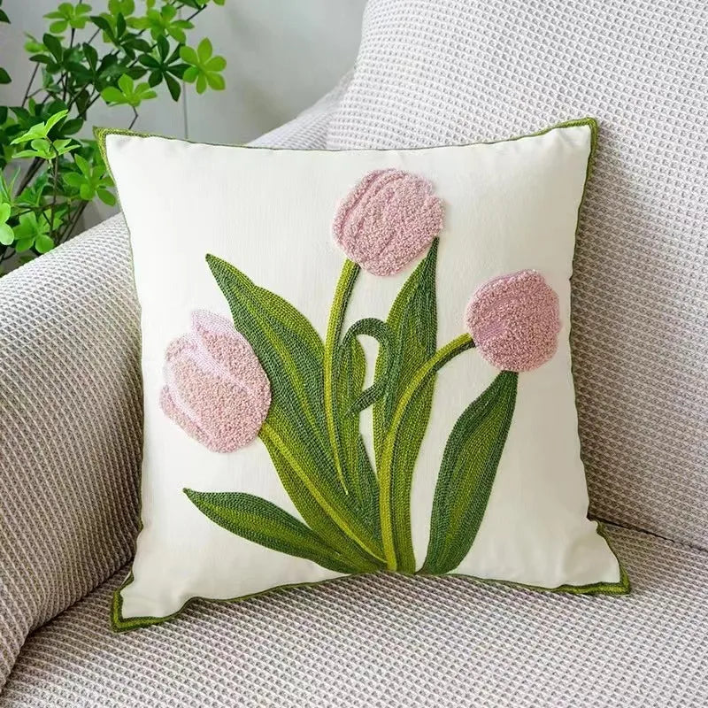 Housse de Coussin Brodée Motif Floral 45 × 45 cm