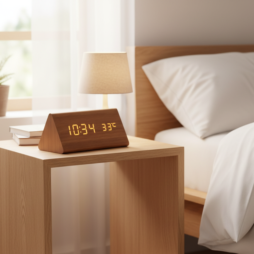 Horloge LED en Bois à Activation Sonore – Réveil de Table