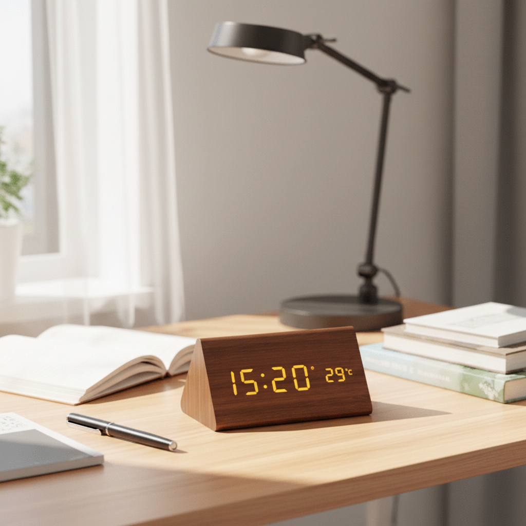 Horloge LED en Bois à Activation Sonore – Réveil de Table
