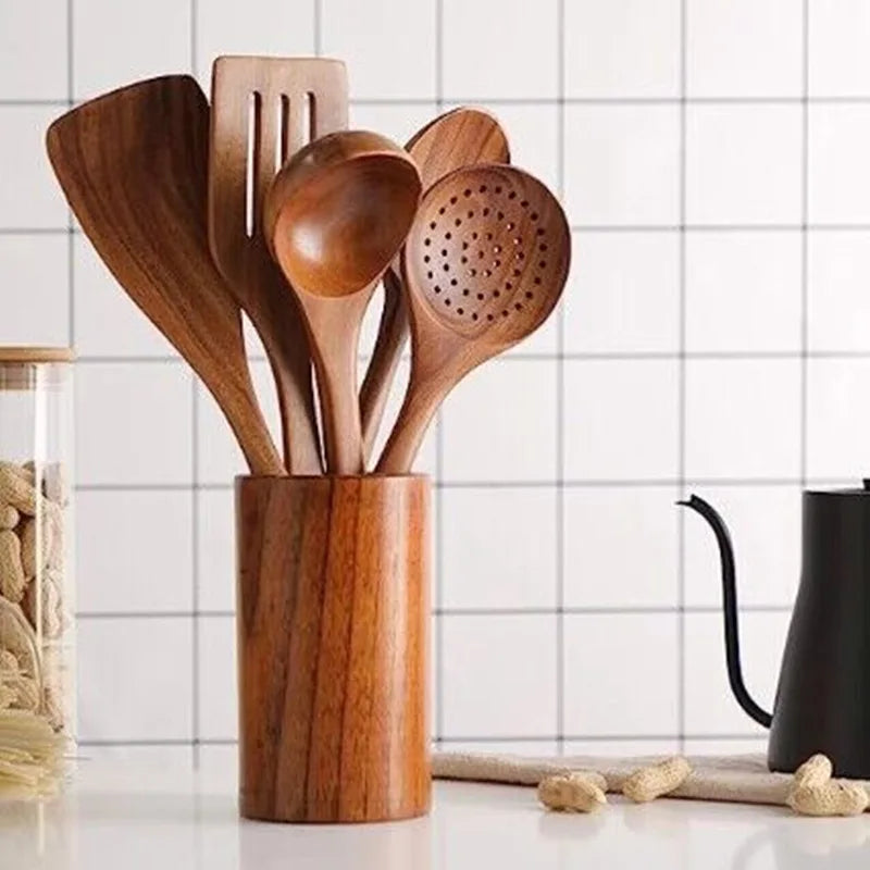 Set d'Ustensiles de Cuisine en Bois de Teck Naturel