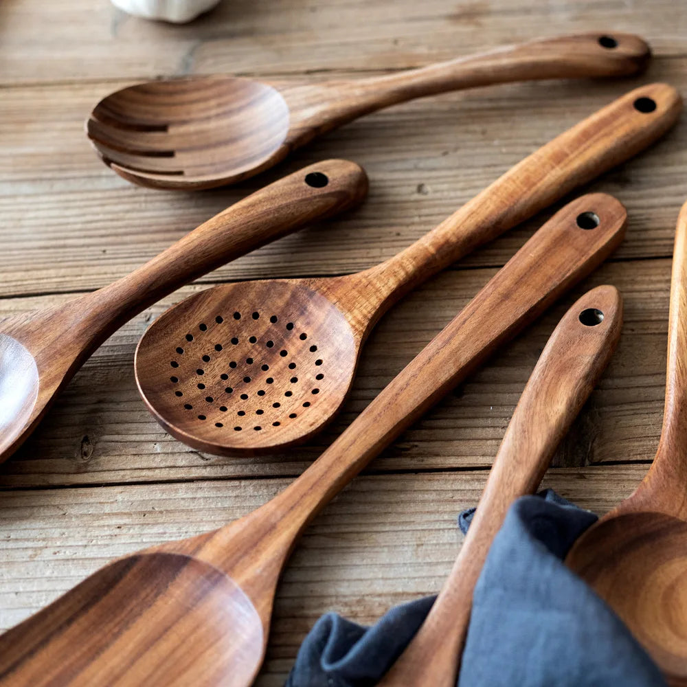 Set d'Ustensiles de Cuisine en Bois de Teck Naturel