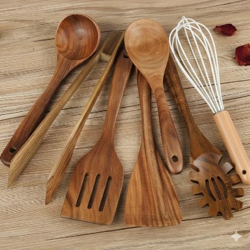 Ensemble d'Ustensiles de Cuisine en Bois 7 Pièces