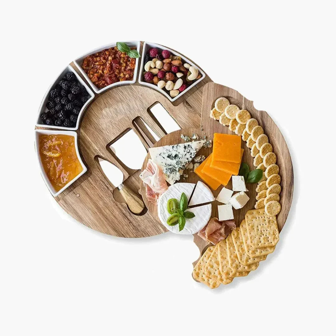 Plateau à Fromages Rond en Bois d'Acacia avec Bols et Couteaux