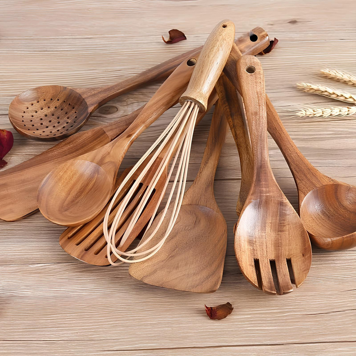 Set d'Ustensiles de Cuisine en Bois de Teck – 11 Pièces avec Support
