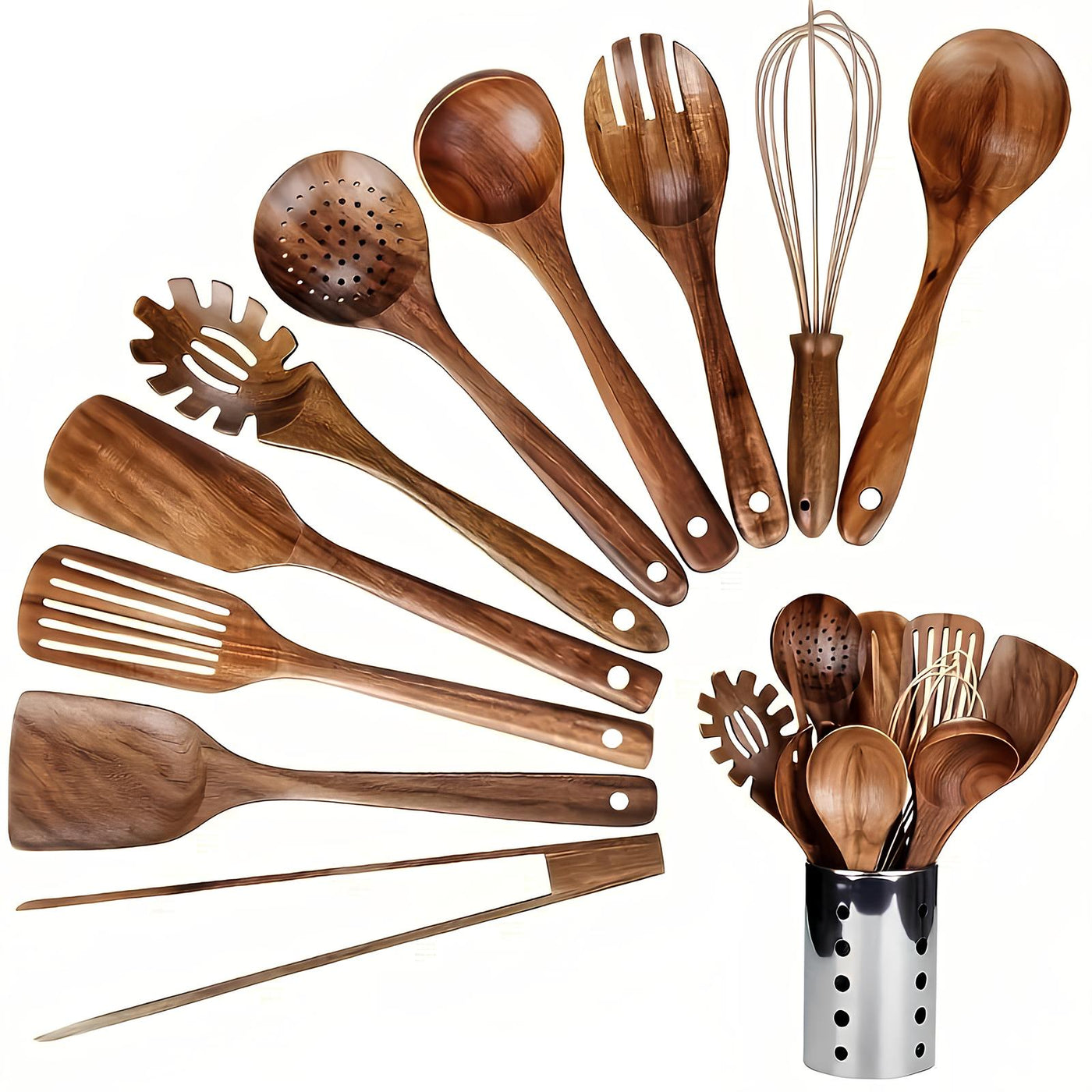 Set d'Ustensiles de Cuisine en Bois de Teck – 11 Pièces avec Support