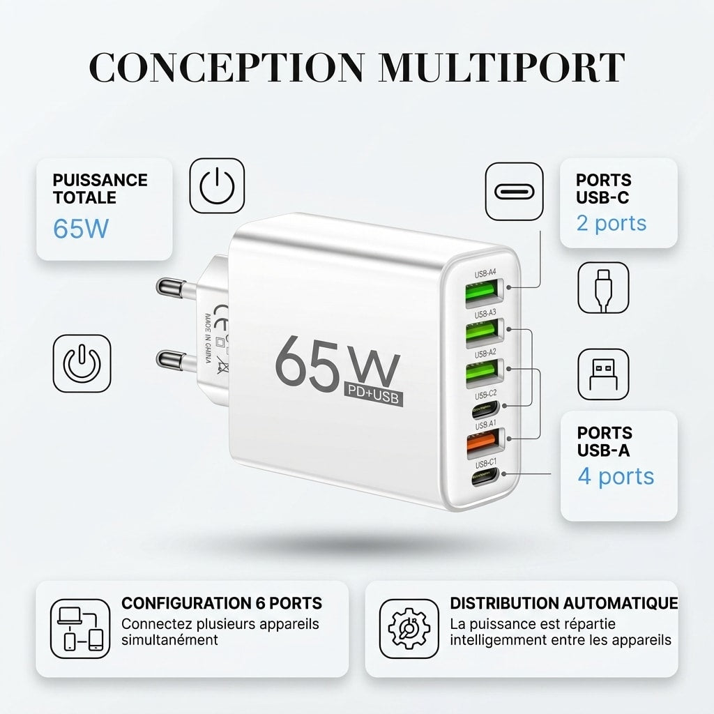 Chargeur 65W 6 Ports USB-A et USB-C