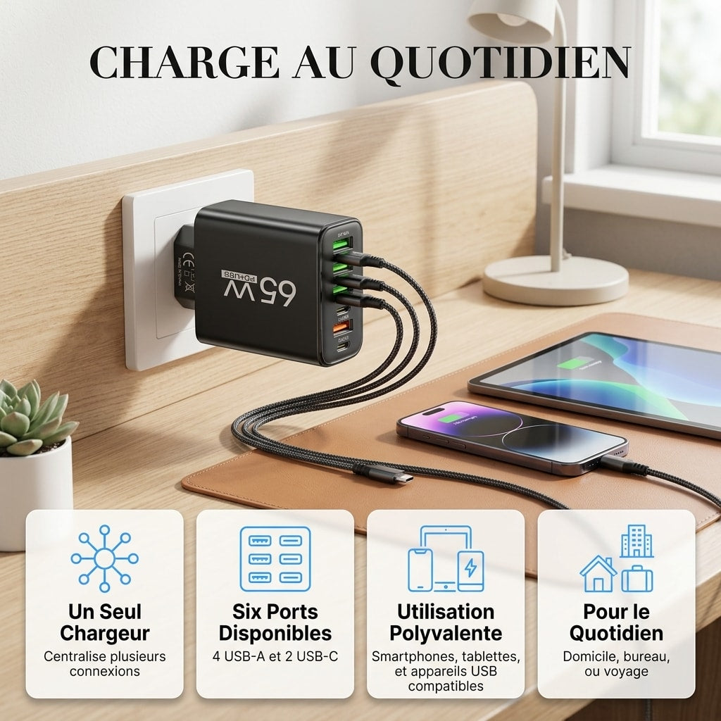 Chargeur 65W 6 Ports USB-A et USB-C