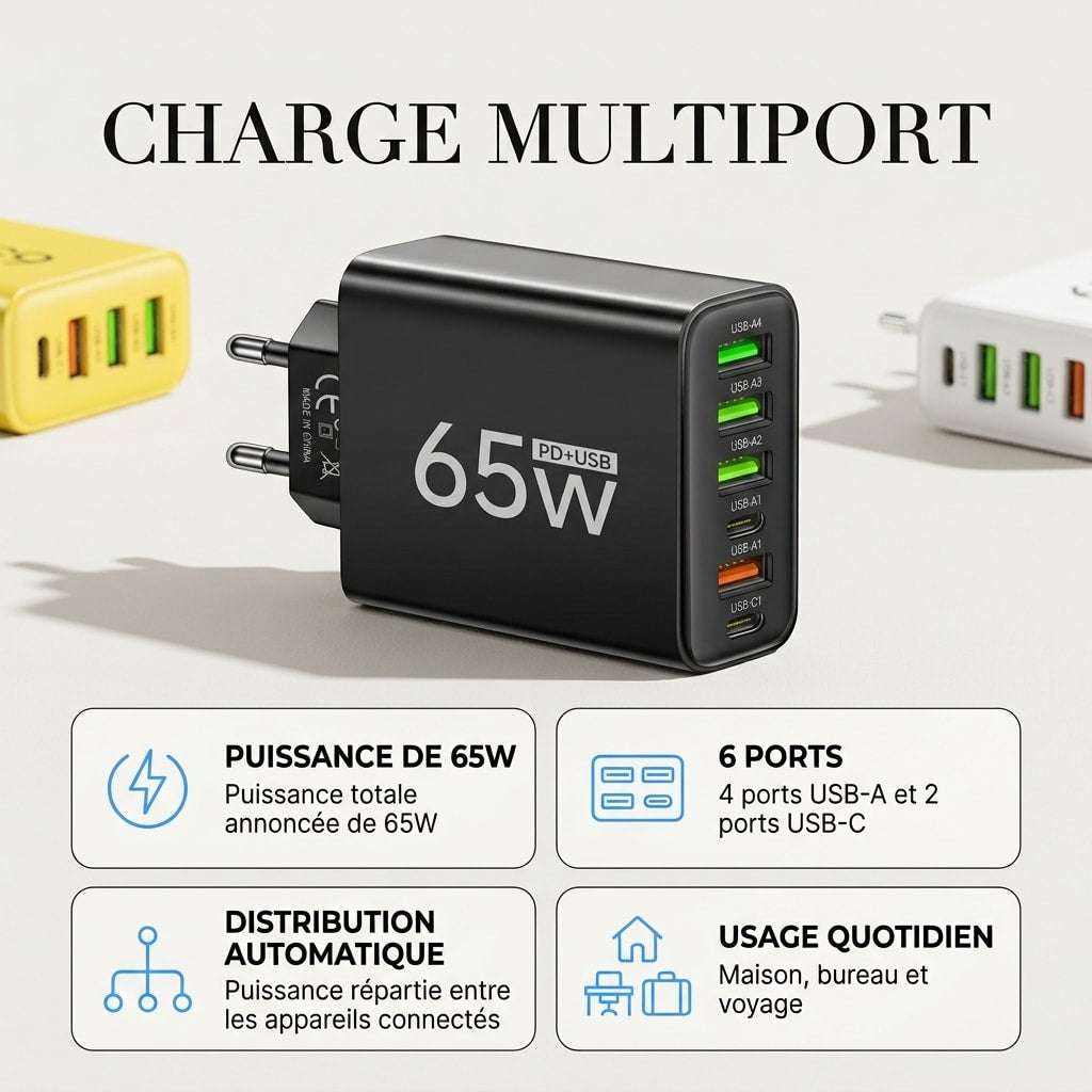 Chargeur 65W 6 Ports USB-A et USB-C