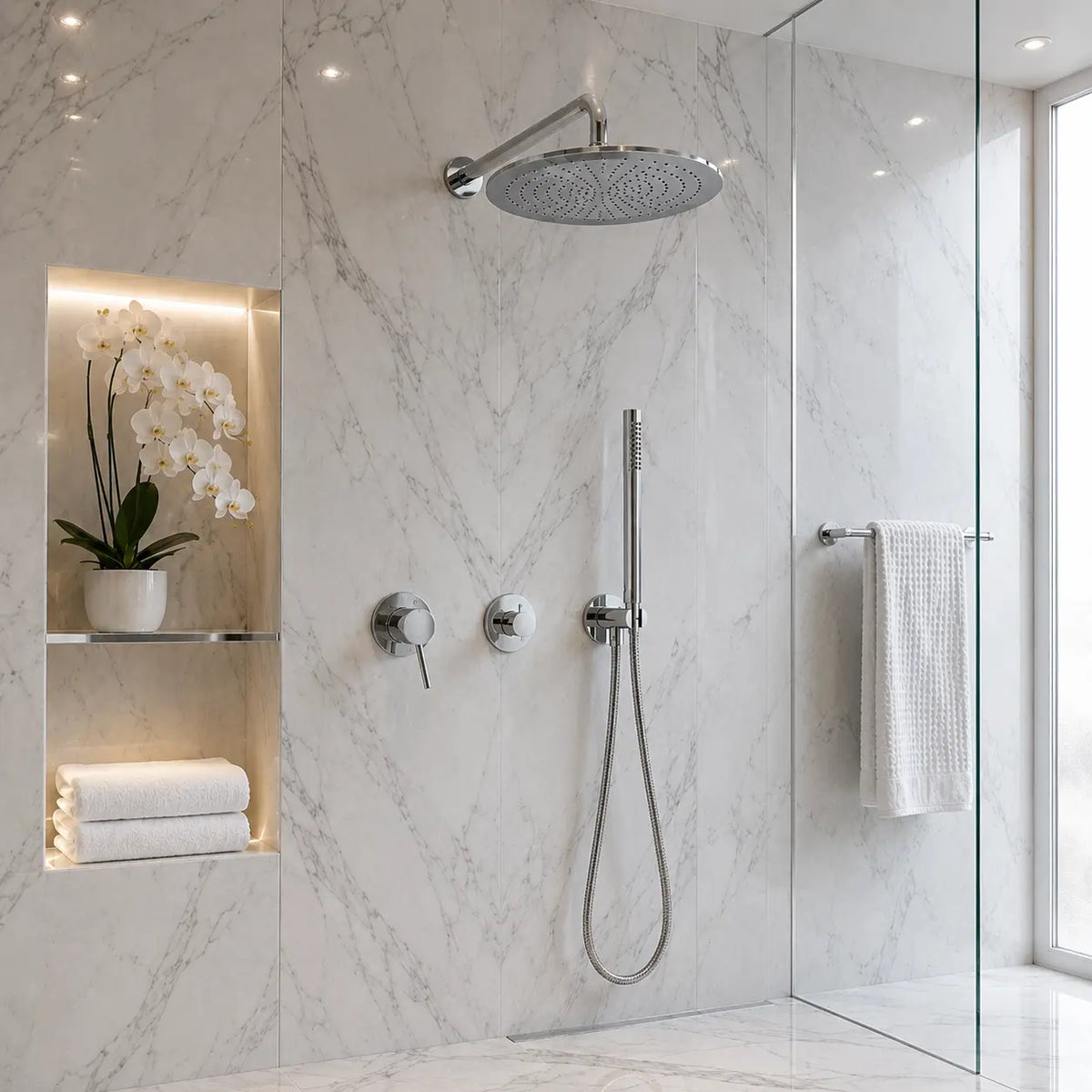Colonne de douche encastrée chrome dans une salle de bain design
