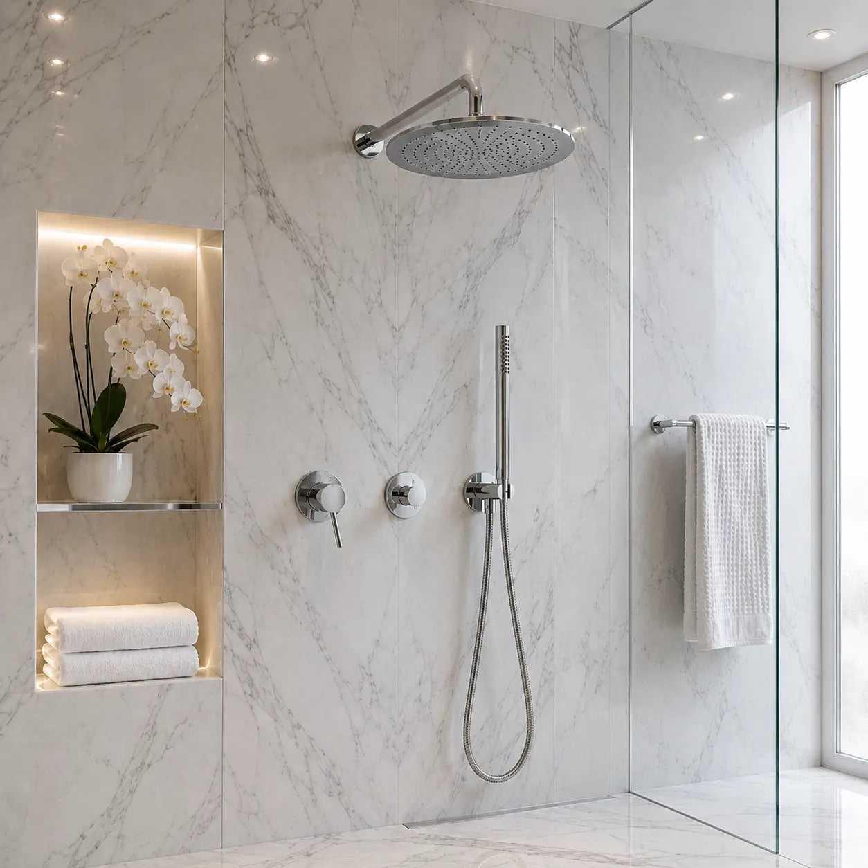 Colonne de douche encastrée chrome dans une salle de bain design