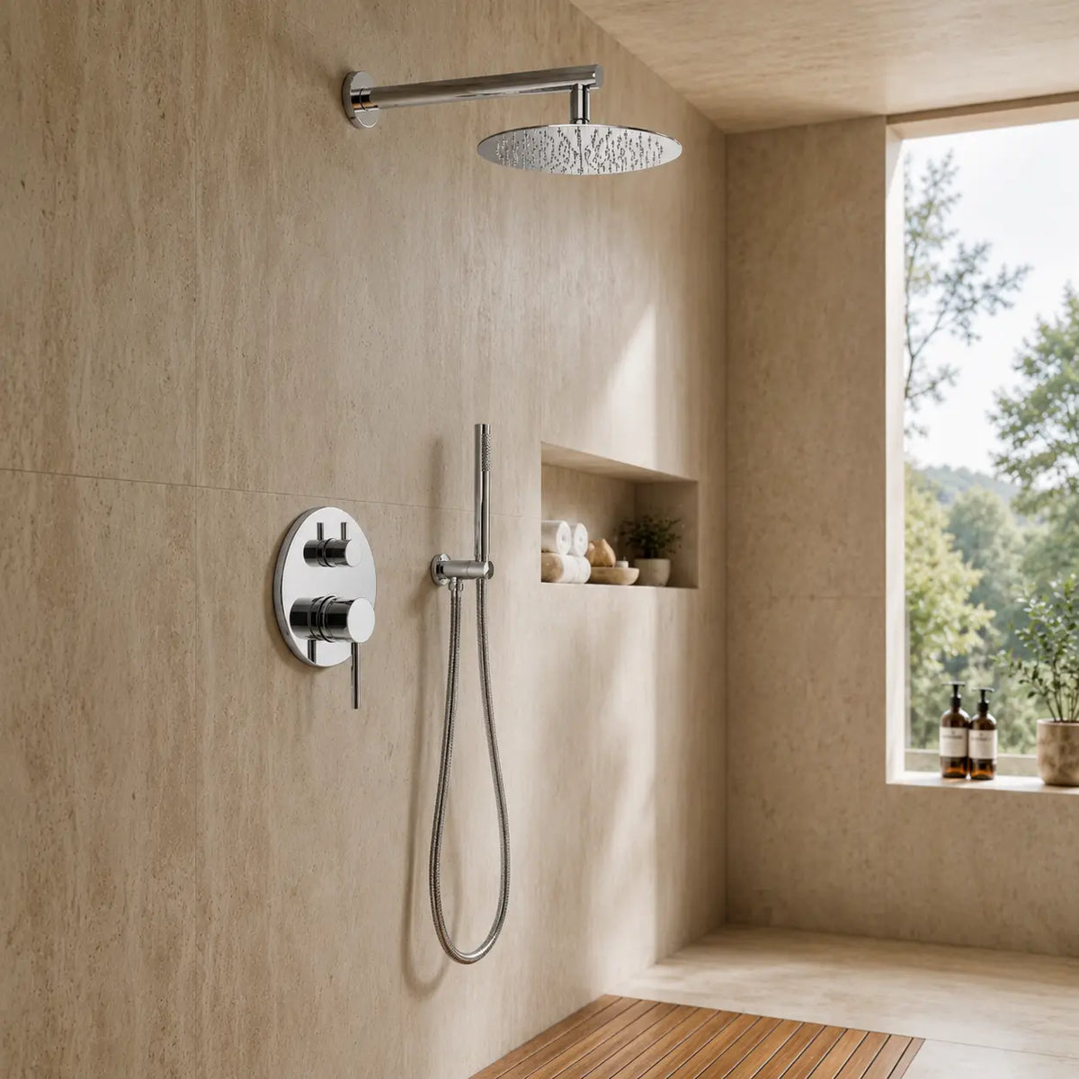 colonne de douche encastrée chrome dans une salle de bain design
