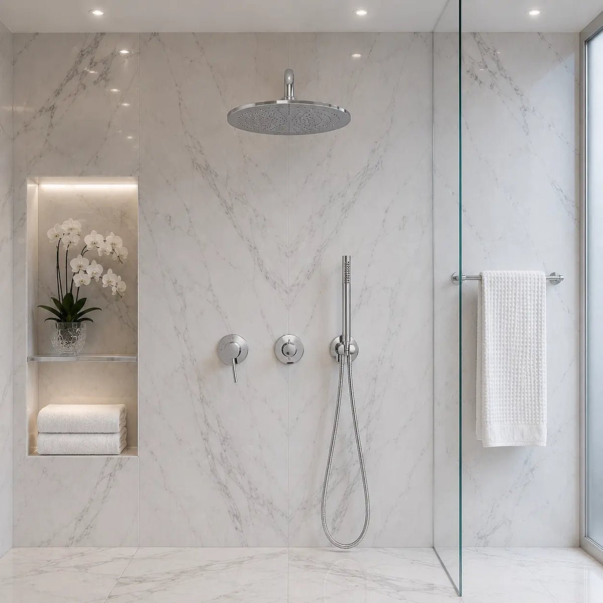 Colonne de douche encastrée chrome dans une salle de bain design