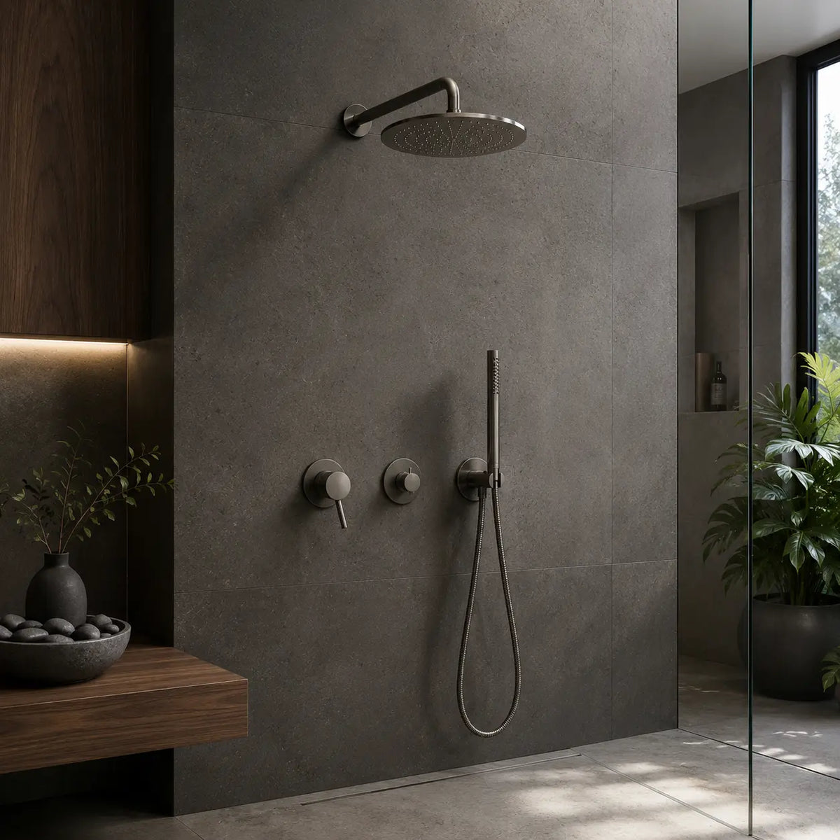 Colonne de douche encastrée gris brossé salle de bain design