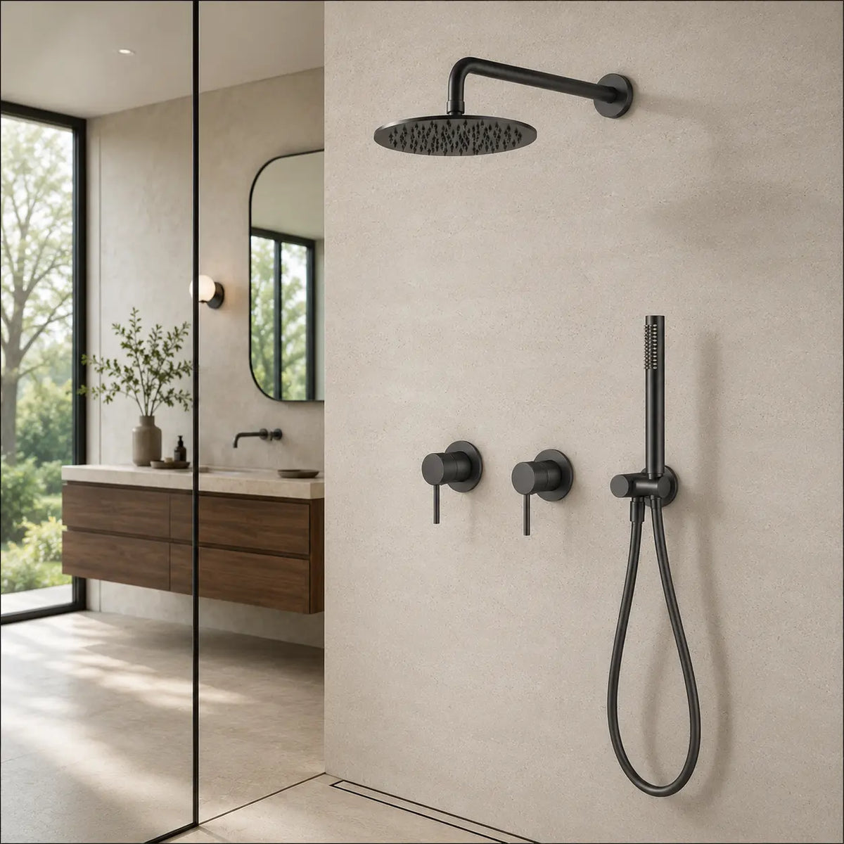 colonne de douche encastrée gris brossé dans une salle de bain design